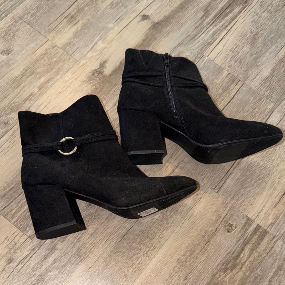 LC Lauren Conrad Black Suede Ankle Booties with Ring Accent